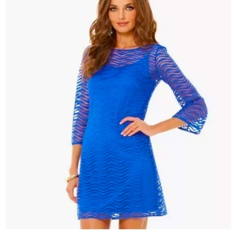 NWT Lilly Pulitzer TOPANGA Sapphire Blue Wavey Knit Lace Shift Dress